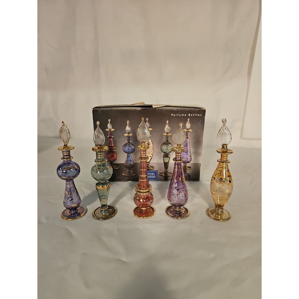 Vintage NIB 5 Mouth Blown Glass Perfume Bottles Boxed Set